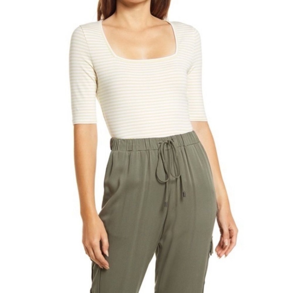 Halogen | NWT Juliette Square Neck Striped Green White Stretch Knit Top Small